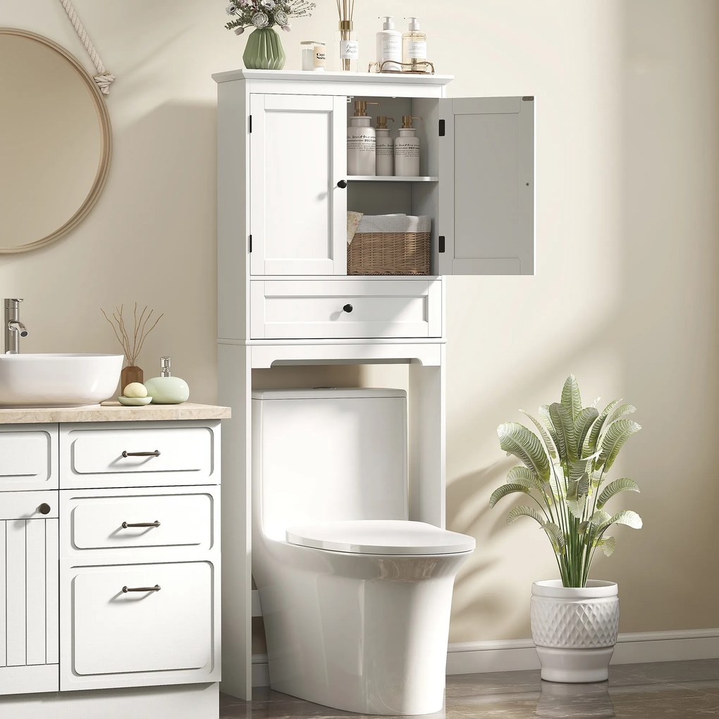 Móvel de casa de banho 62 x 23 x 168 cm com arrumação para cima da sanita, móvel de casa de banho com 2 portas, gaveta e prateleira ajustável, branco