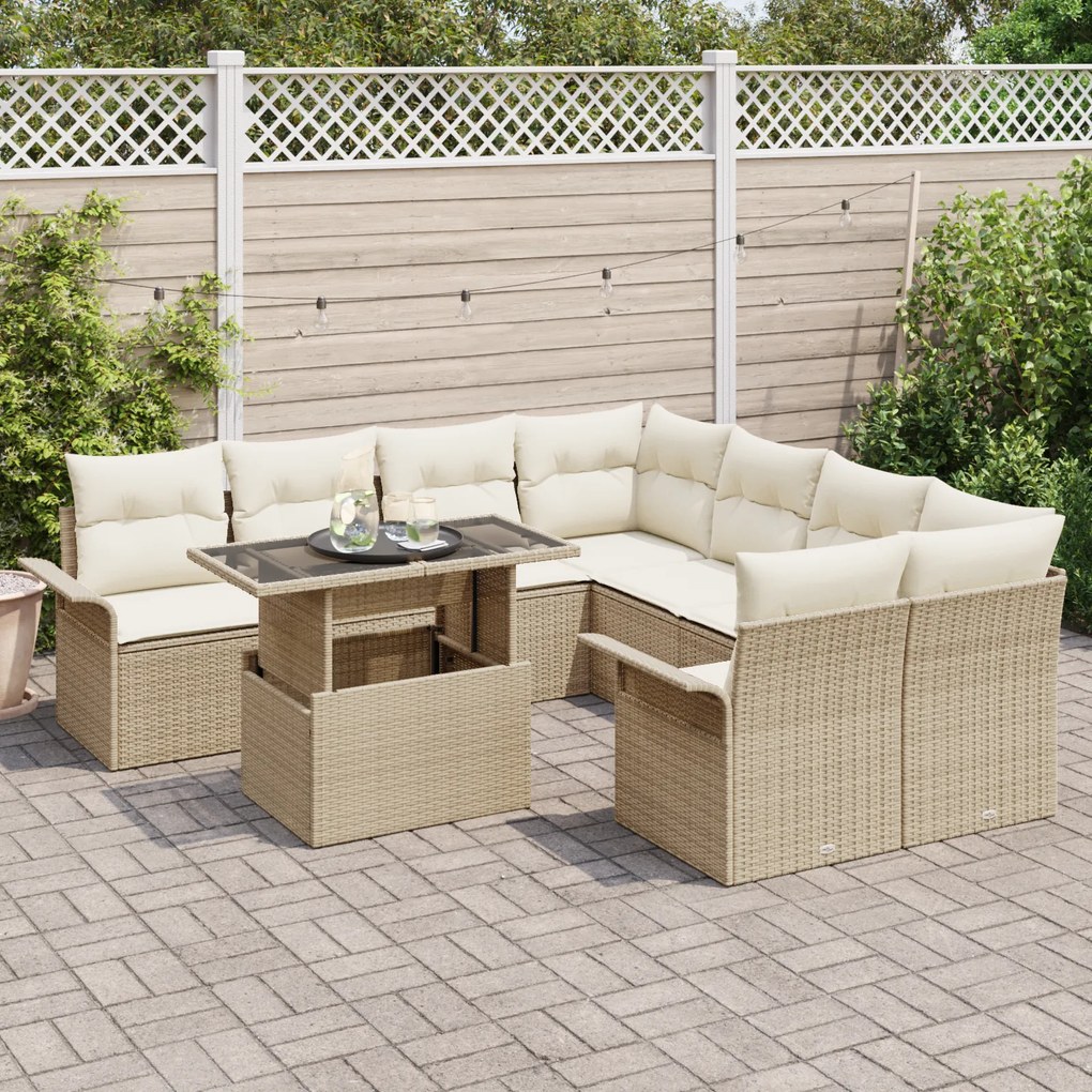 Conjunto de Sofá de Jardim vidaXL 9 Peças com Almofadas Bege Rattan Po