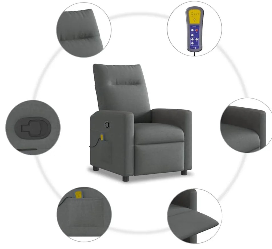 Poltrona de massagens reclinável tecido cinzento-escuro