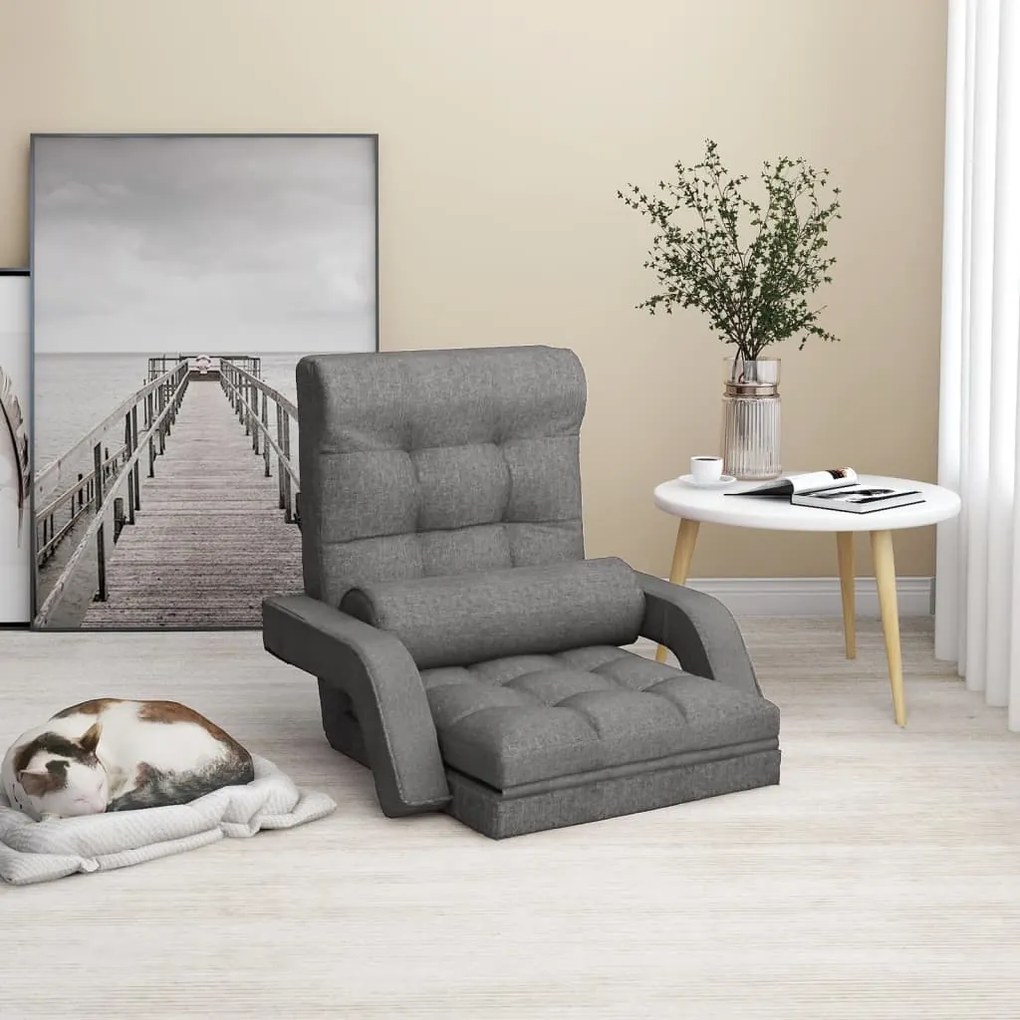 vidaXL Cadeira de chão dobrável c/função de cama tecido cinzento-claro