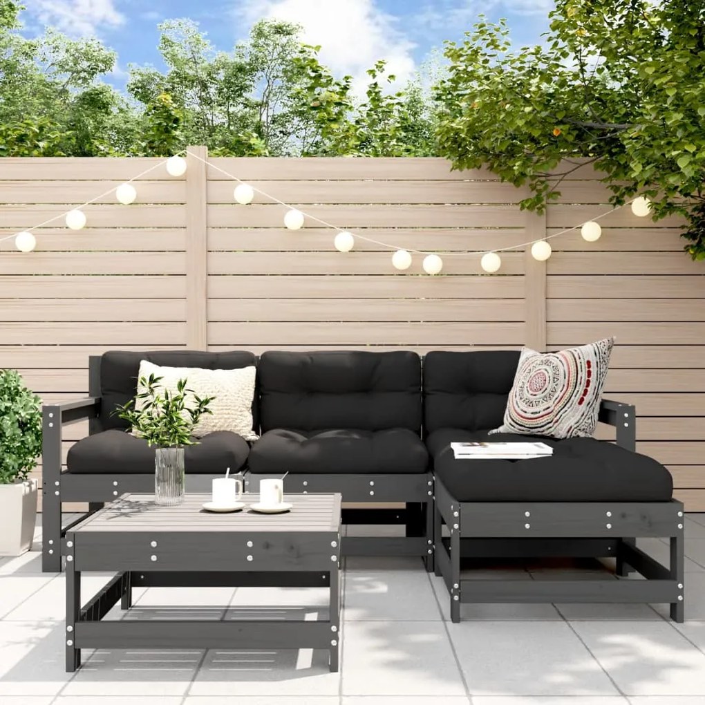 vidaXL 5pcs conjunto lounge jardim com almofadões madeira maciça cinza