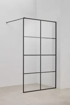 Mampara De Duche Fixa Com Decoração De Quadrados, Vidro Temperado 8 Mm E Alumínio Camden Transparente & Preto Mate & 120 X 195 Cm - Sklum