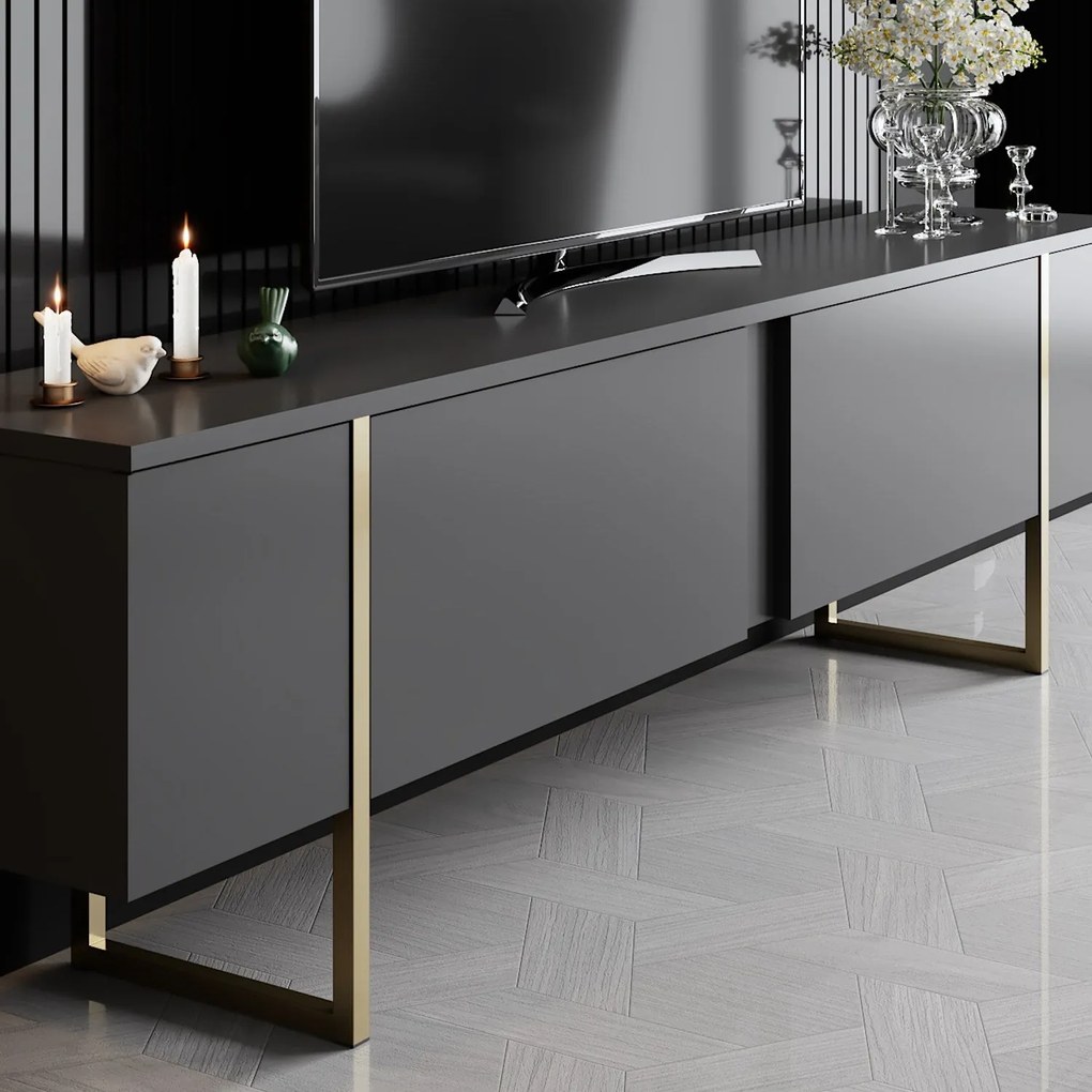 Móvel TV Luxe – Antracite e Dourado – 180x30x50 cm