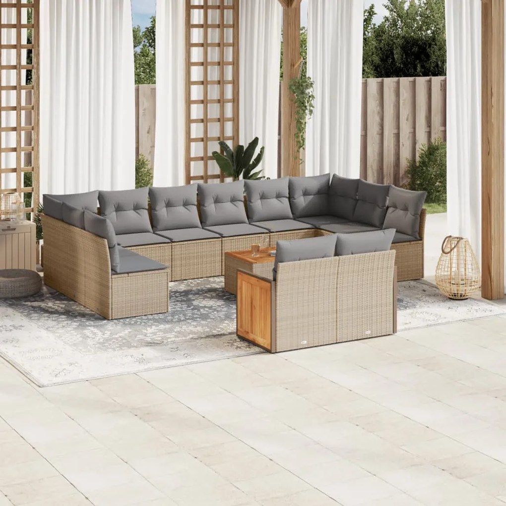 13 pcs conjunto de sofás p/ jardim com almofadões vime PE bege