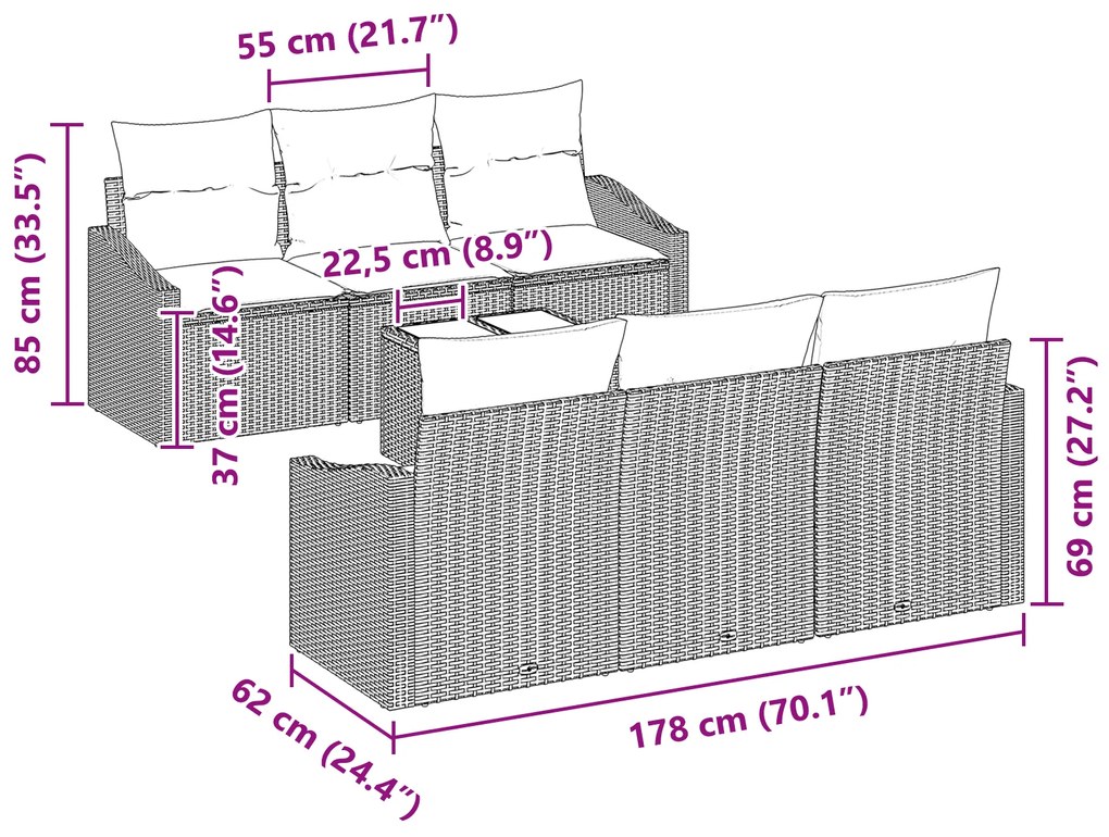 Conjunto de Sofá para Jardim de 7 Peças com Almofadas Cinzento-claro d