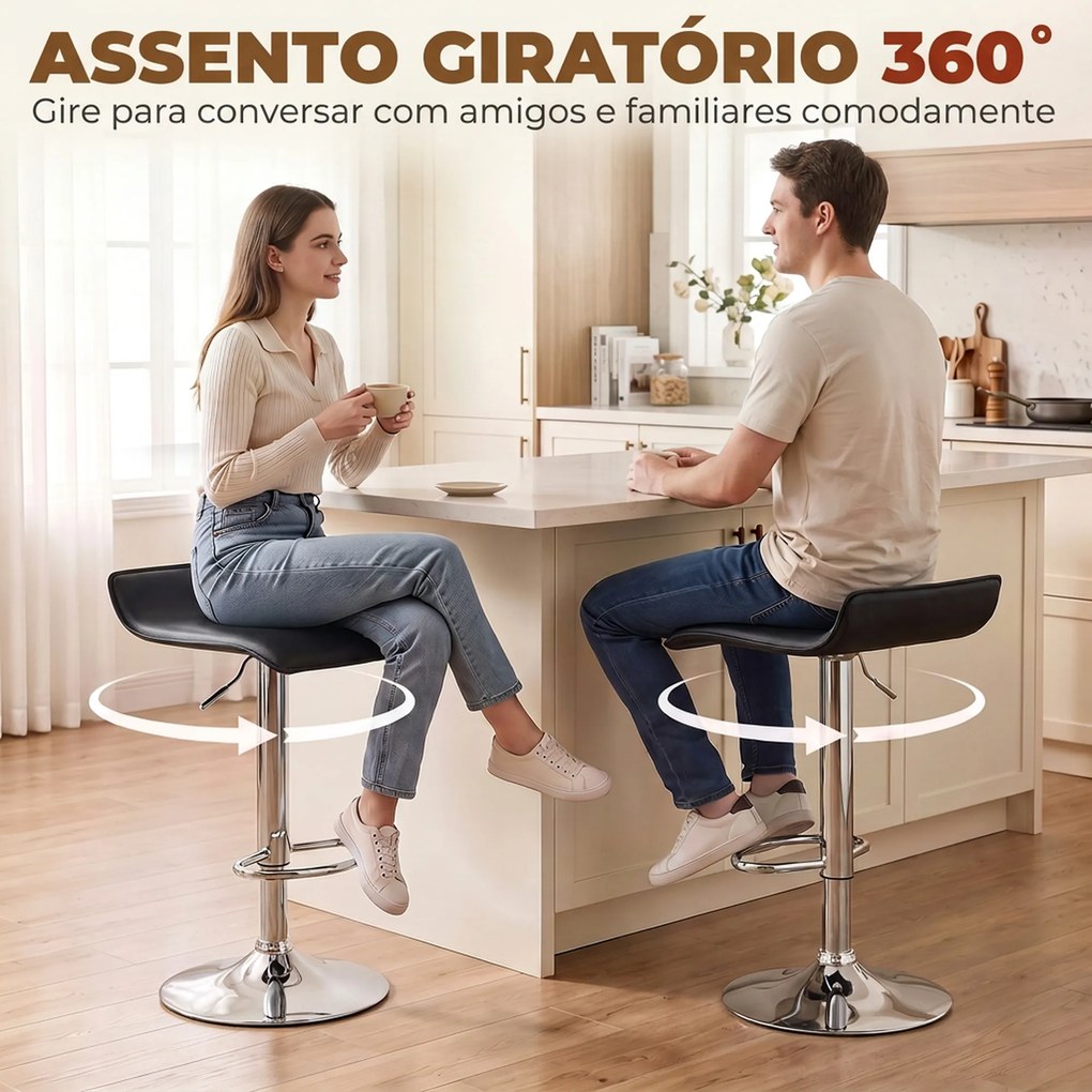 Conjunto de 2 Bancos de Bar Giratórios Bancos Altos de Cozinha com Altura Ajustável 62-83 cm com Encosto e Apoio para os Pés Preto