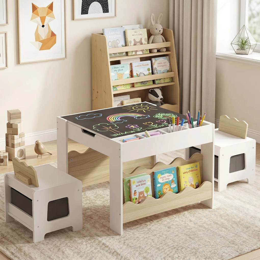 Conjunto de Mesa Infantil e 2 Cadeiras, 66 x 64 x 48 cm, Tabuleiro Reversível, Natural