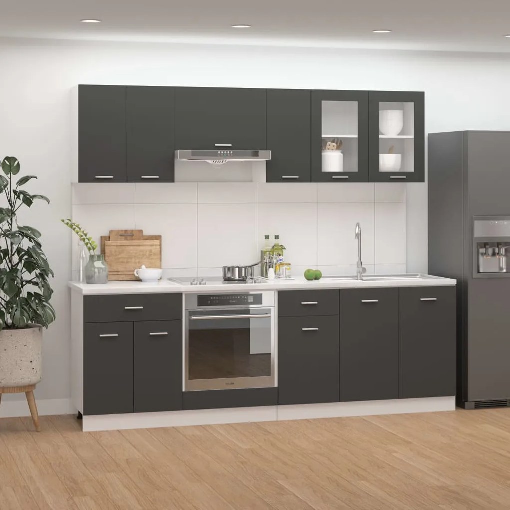 vidaXL 8 pcs conjunto armários de cozinha contraplacado cinzento