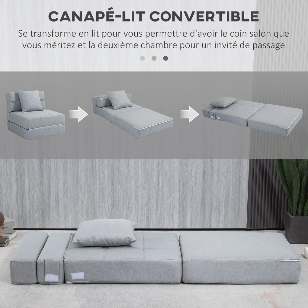 Poltrona-sofá-cama convertível de 1 lugar com 1 almofada com capa removível, tecido cinzento claro