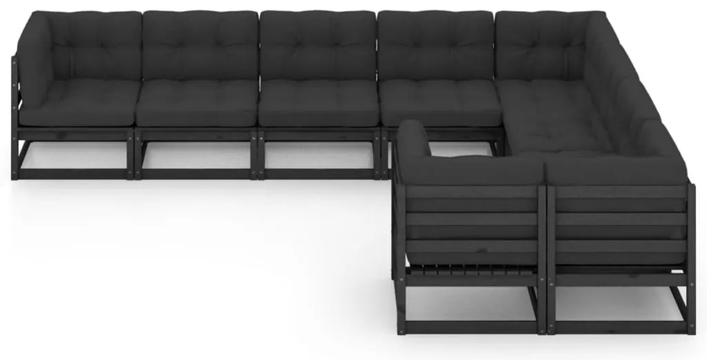 9pcs conjunto longue de jardim c/ almofadões pinho maciço preto