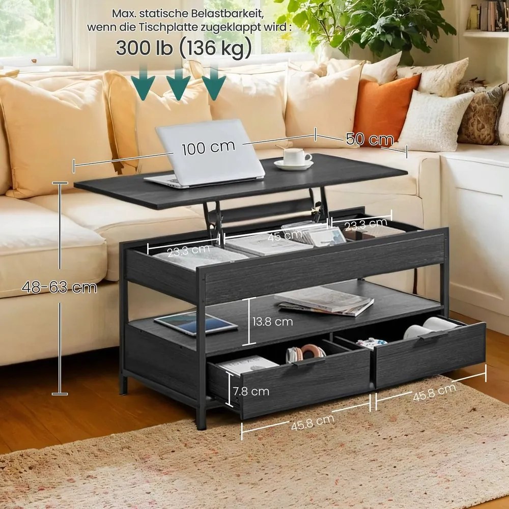 Mesa de centro com tampo ajustável em altura 50 x 100 cm cinza antracite-preto