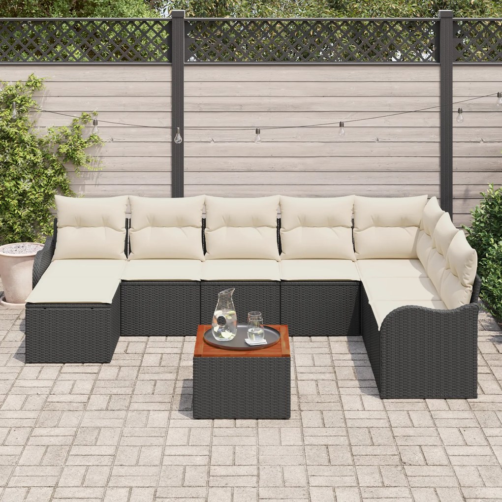 Conjunto de Sofás de Jardim de 9 Peças com Almofadas Preto Rattan Poli