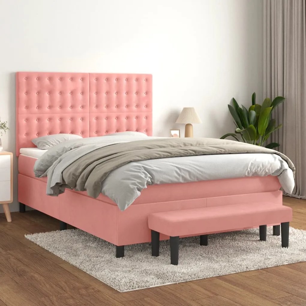 vidaXL Cama com molas/colchão 140x200 cm veludo rosa