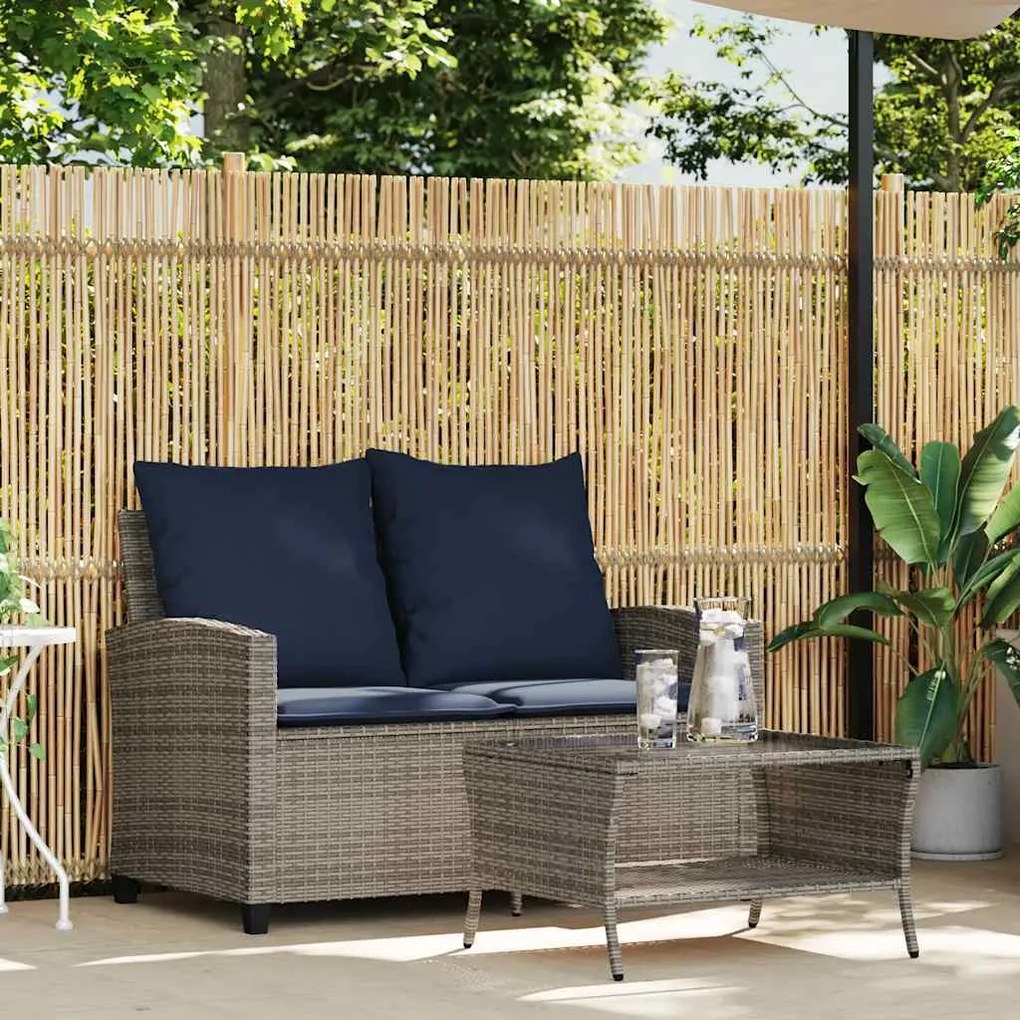 Sofá de jardim 2 lugares com almofadões vime PE cinzento