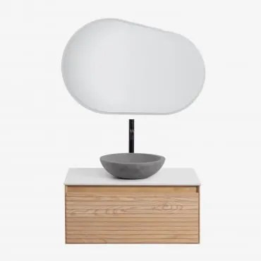 Conjunto De Móveis De Banheiro Em Madeira Tedrik Ash Castanho Fresno & Cimento Cinzento Redondo Ø40 Cm Tarsis & Oval Led E - Sklum