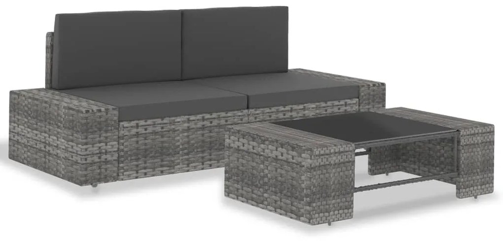 3 pcs conjunto lounge de jardim vime PE cinzento