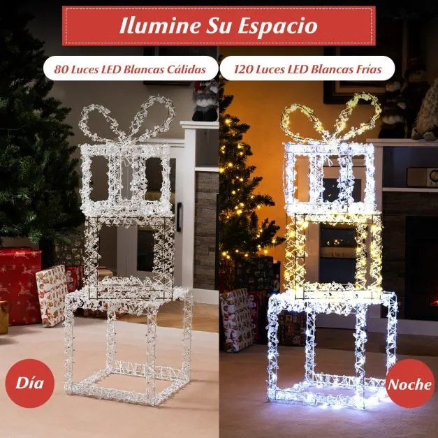 Conjunto de 3 caixas de presente de Natal pré-iluminadas com luzes LED brancas quentes e brancas frias multicoloridas