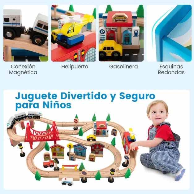 Mesa de jogos de comboio em madeira maciça, 80 peças, para crianças, trilhos comboio para meninos e meninas a partir de 3 anos, 82,5 x 60 x 40 cm, mul