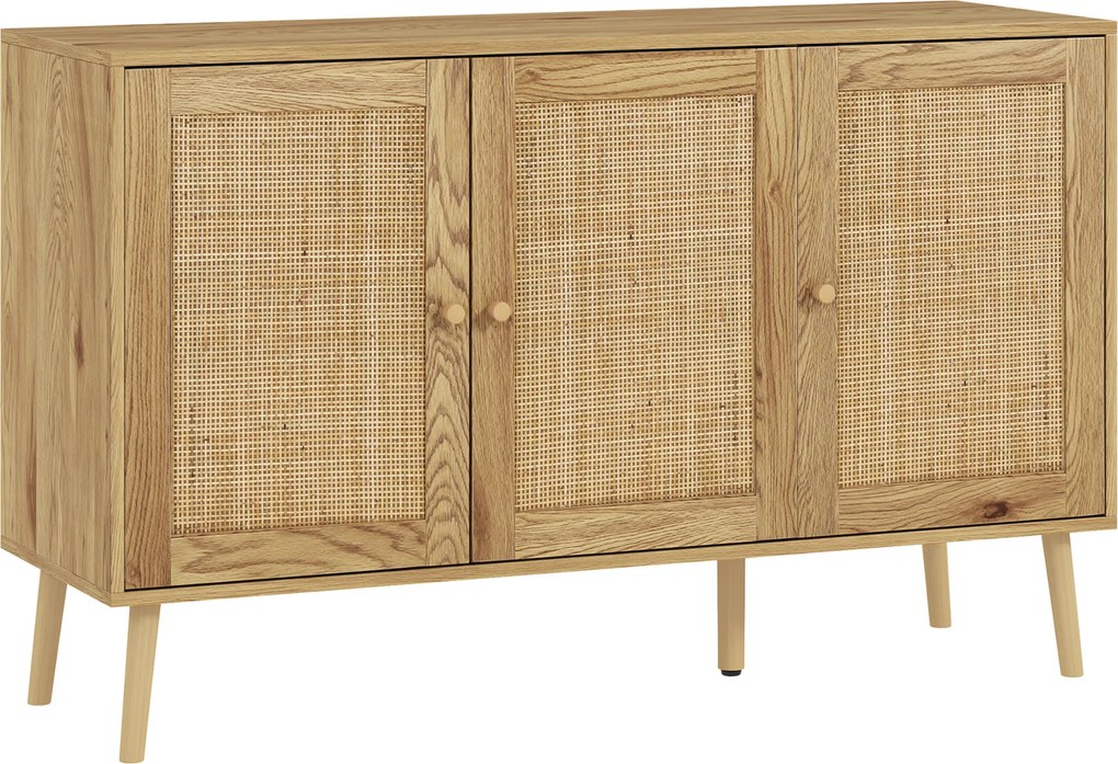 HOMCOM Aparador para Sala de Estar com 3 Portas em Vime Aparador Estilo Boémio, com Prateleiras Ajustáveis 120x40x75 cm Madeira | Aosom Portugal