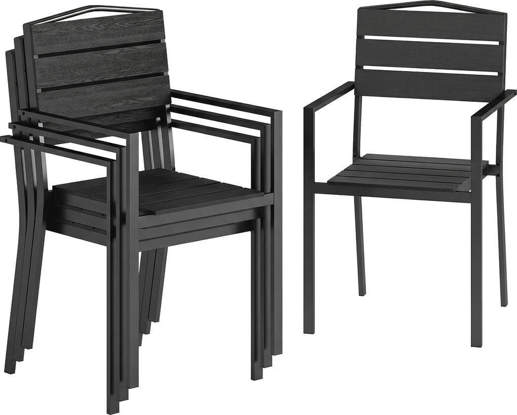Outsunny Conjunto de 4 Cadeiras de Jardim Empilháveis para Exterior com Apoios de Braços, Encosto e Assento, Estrutura Metálica, 52x51x90 cm, Preto | Aosom Portugal