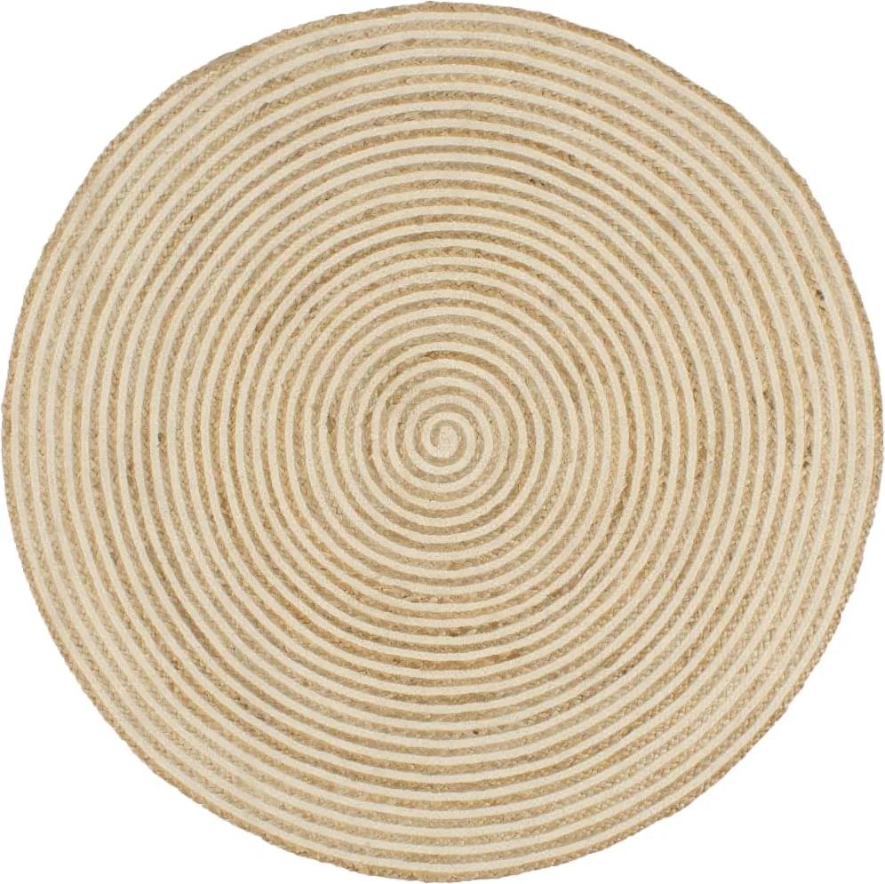 Tapete artesanal em juta com impressão em espiral branco 120 cm
