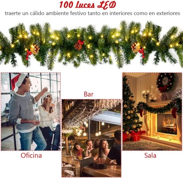 Grinalda de Natal de Pinheiro Iluminado 270 cm Artificial com 100 Luzes LED Bagas Vermelhas Pinhas Decorativas com Temporizador