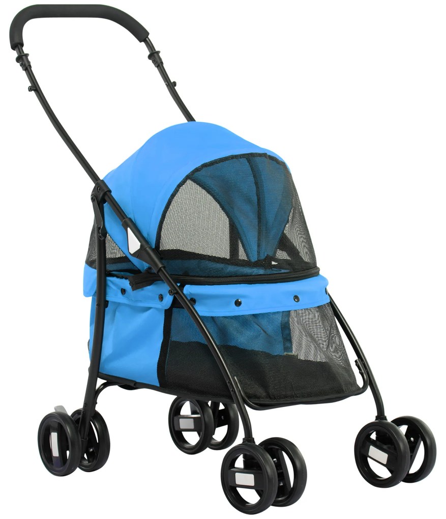 PawHut Carrinho Animais Estimação Dobrável Janela Malha Almofada Lavável Arnês Segurança 82x47x97cm Azul Confortável Prático | Aosom Portugal