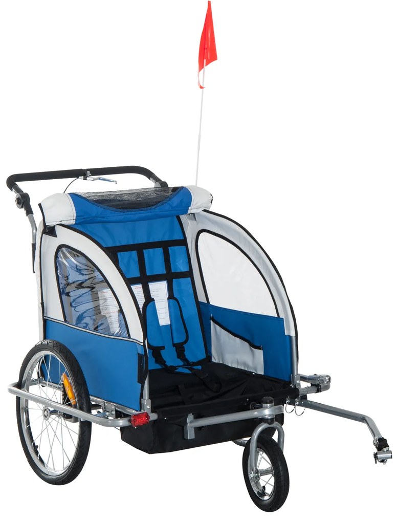 Reboque de Bicicleta para Crianças com 2 lugares e Roda 360º com Acoplamento Universal - Cinzento e Azul - 125x88x107cm