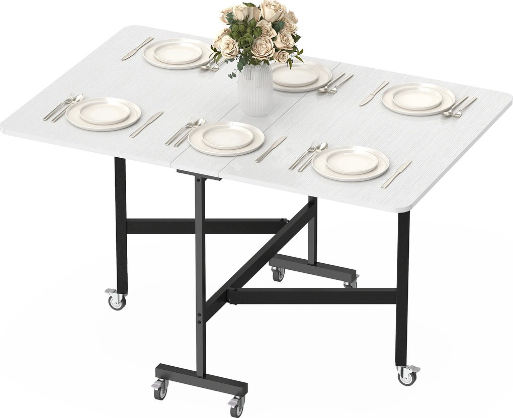 Mesa de Jantar Dobrável com Rodas, 120 x 80 x 73 cm (CADEIRAS NÃO INCLUIDAS), 2 Abas Rebatíveis, Branco