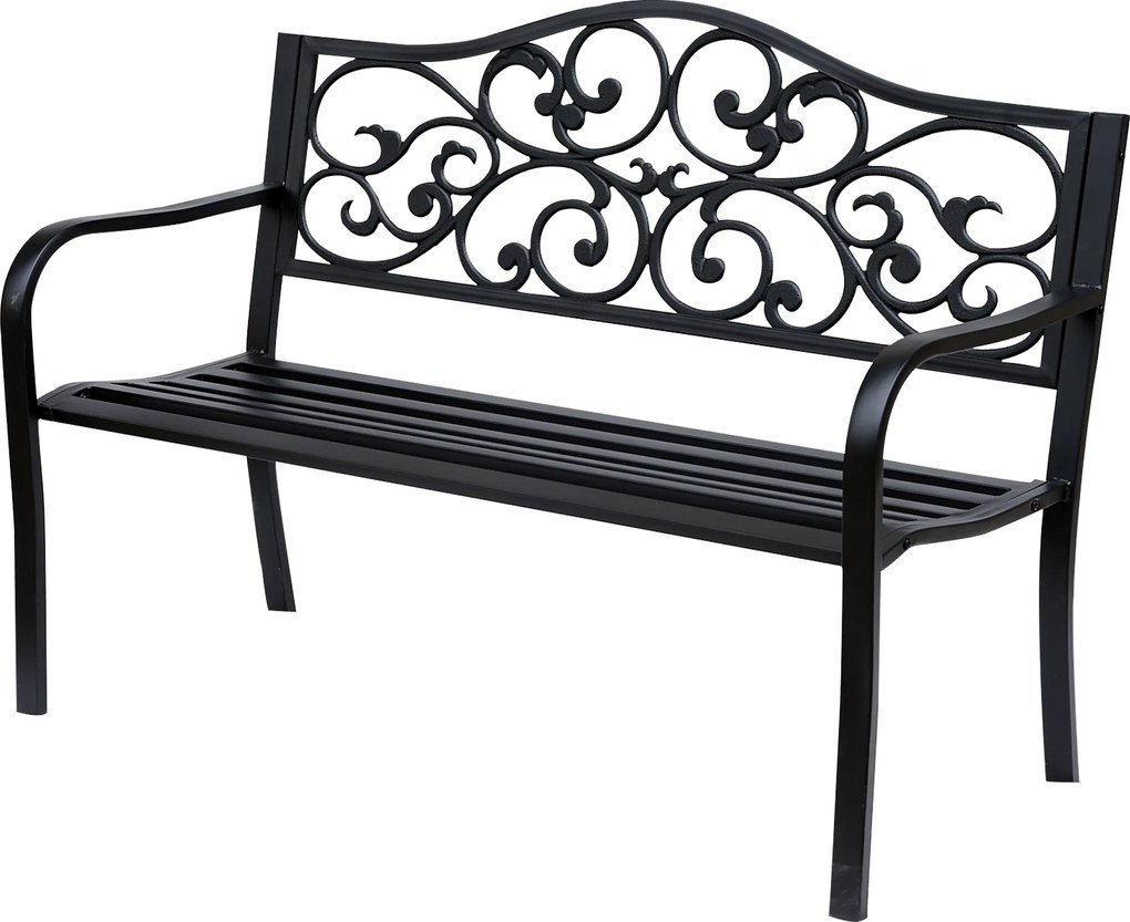 Outsunny Banco de Jardim de Aço Banco de Exterior com Encosto e Apoio para os Braços para Pátio Varanda 127x60x89 cm Preto | Aosom Portugal