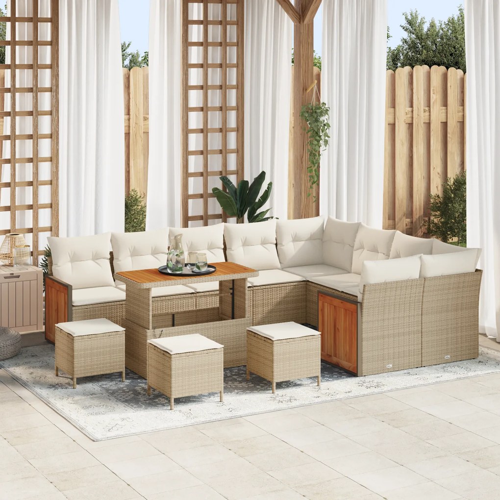 Conjunto de Sofá de Jardim vidaXL 13 Peças com Almofadas Bege Rattan Poliacácia