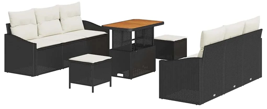 Conjunto de Sofás de Jardim com 9 Peças e Almofadas Pretas, Poltrona d