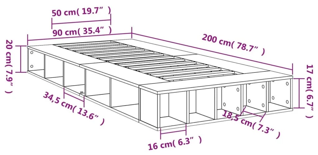 Estrutura cama 90x200 cm derivados de madeira cinzento sonoma