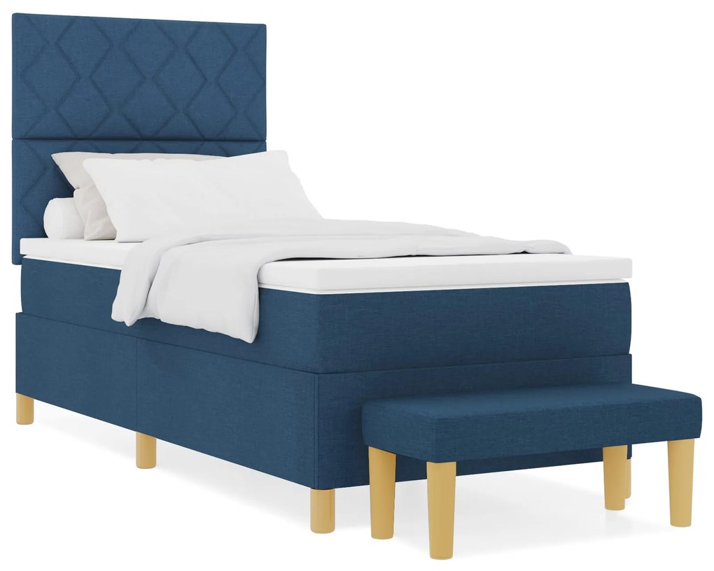 Cama Box Spring com Colchão e Banco Azul 90x190 cm Tecido