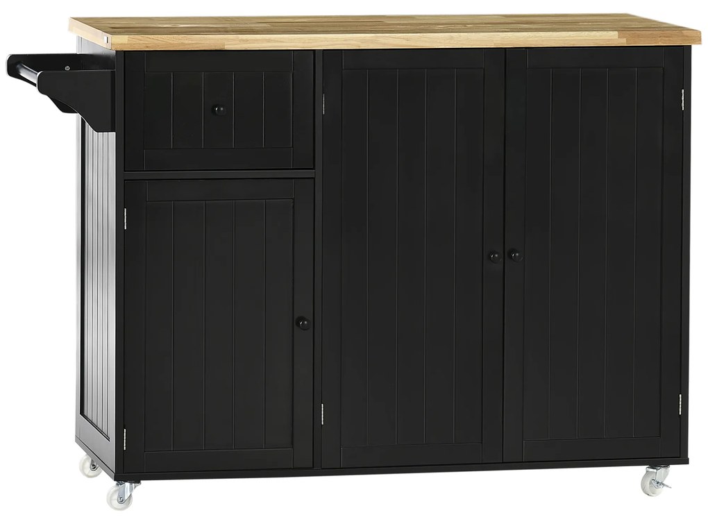 HOMCOM Ilha de Cozinha com Rodas Carrinho de Cozinha com Gaveta 3 Portas e Prateleira Ajustável 135x45x94,5cm Preto e Madeira | Aosom Portugal