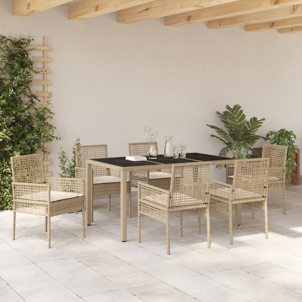 Conjunto de Jantar de Jardim com 7 Peças e Almofadas Bege em Rattan Sintético