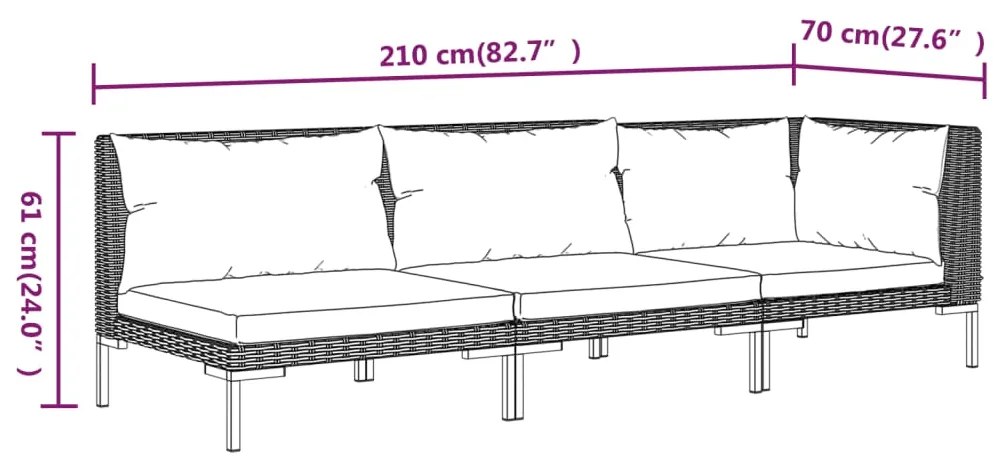 3 pcs conj. lounge jardim vime PE semicircular cinzento-escuro