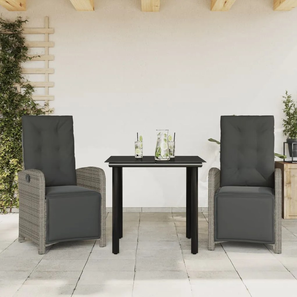 3 pcs conjunto bistrô com almofadões vime PE cinza