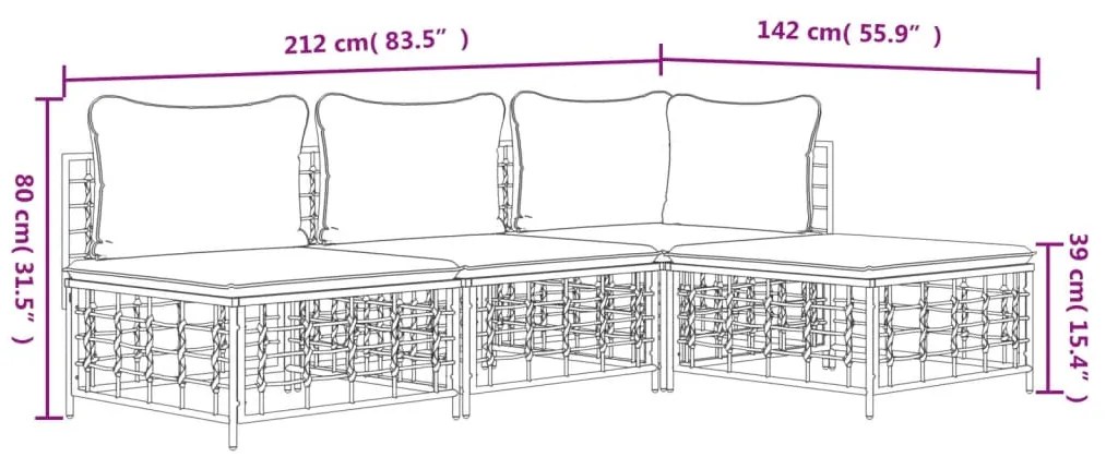 4 pcs conjunto lounge de jardim c/ almofadões vime PE antracite
