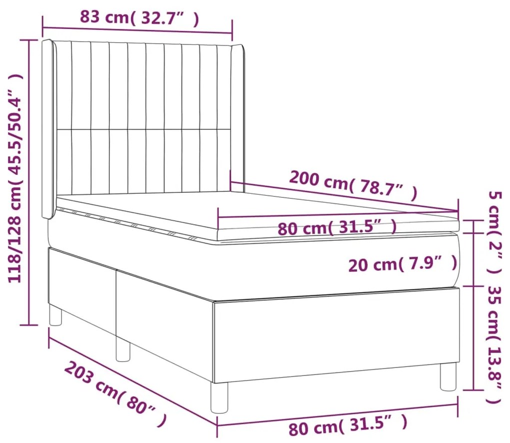 Cama box spring c/ colchão e LED 80x200 cm tecido cinza-claro