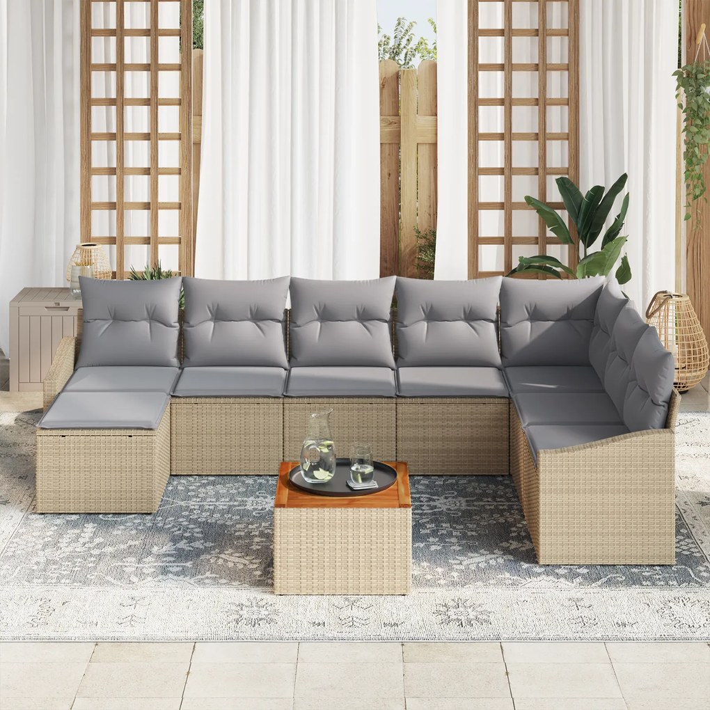 Conjunto de Sofás de Jardim com Almofadas de 9 Peças Bege Vime Acácia