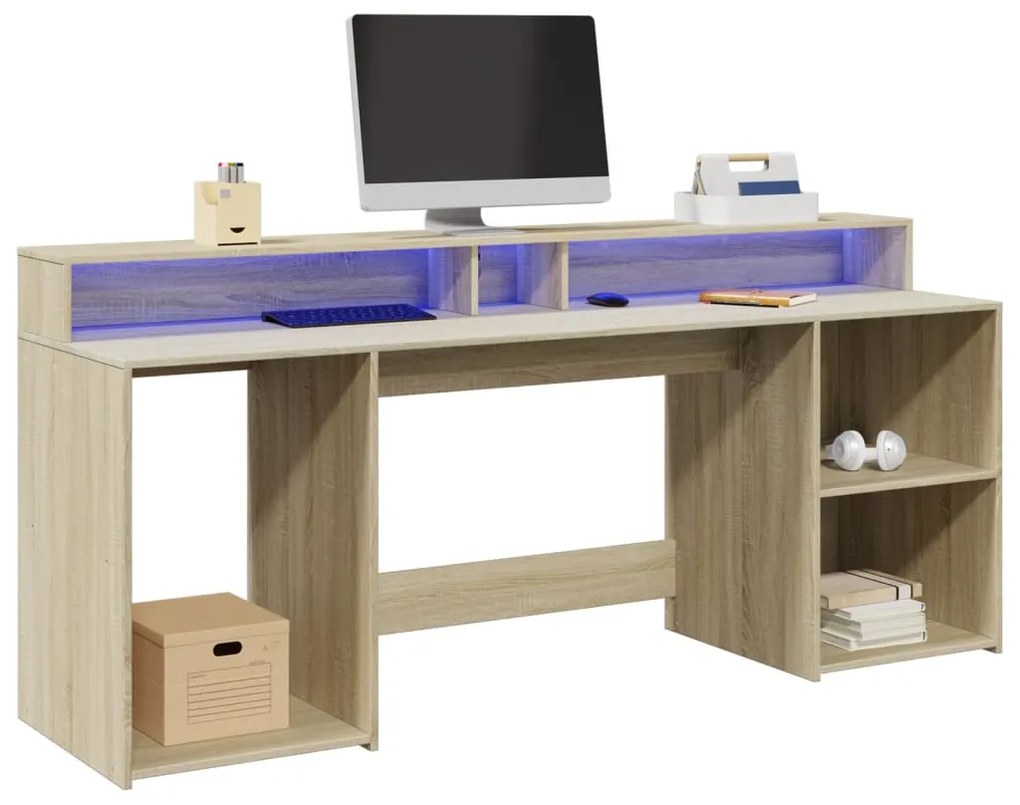 vidaXL Secretária luzes LED 200x55x91cm deriv. madeira carvalho sonoma