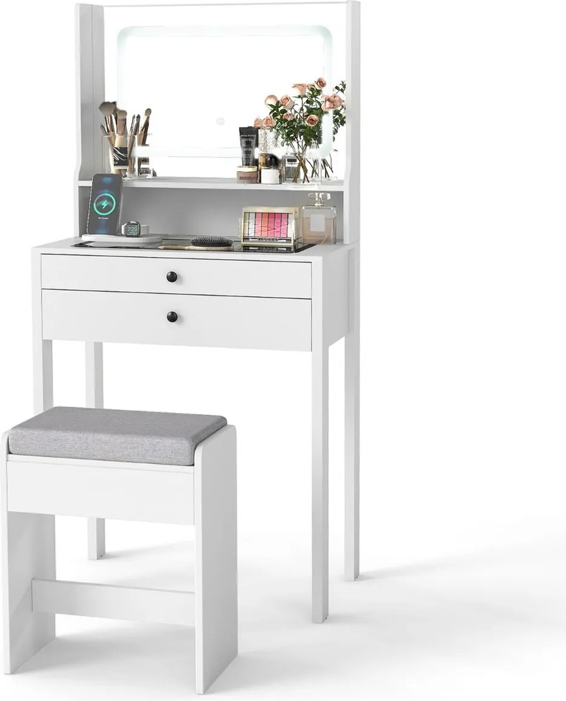 Toucador com espelho e iluminação Mesa de maquilhagem com tomadas elétricas 3 modos de iluminação e banco acolchoado branco