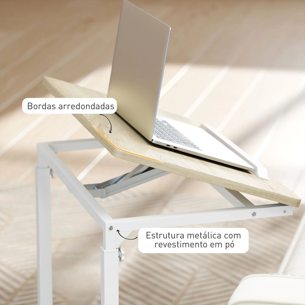Mesa Auxiliar com Rodas Altura Ajustável Superfície Inclinável e Estrutura de Metal 55x36x62,5-82,5 cm Madeira