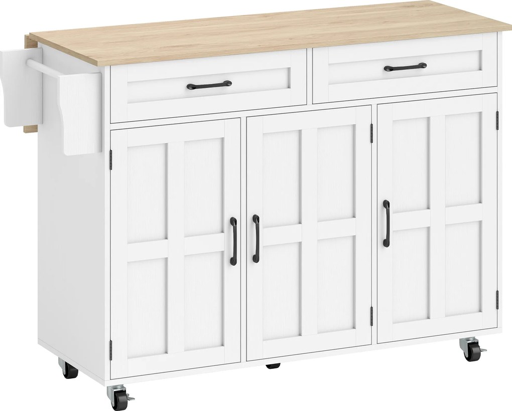 Ilha de cozinha com tampo dobrável, carrinho com rodízios 2 gavetas, 3 portas, suporte para prateleiras e porta-toalhas, branco