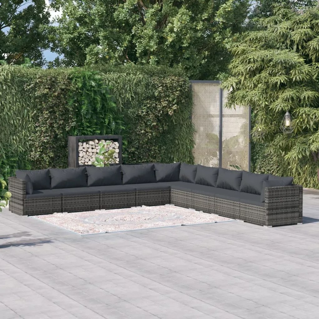 vidaXL 9 pcs conjunto lounge de jardim c/ almofadões vime PE cinzento
