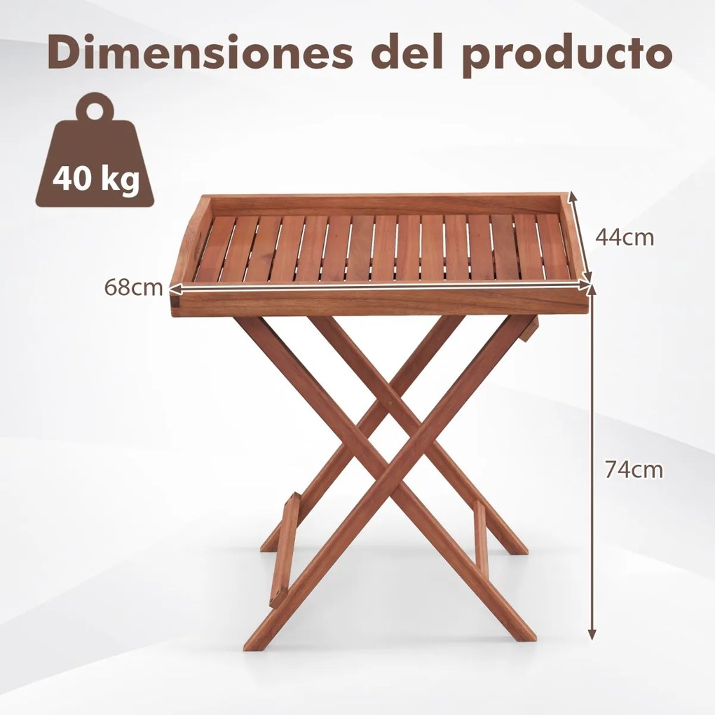 Mesa Jardim ou Casa de apoio de madeira dobrável com tabuleiro de chá amovível Estrutura robusta em forma de X para campismo no pátio 68 x 44 x 74 cm