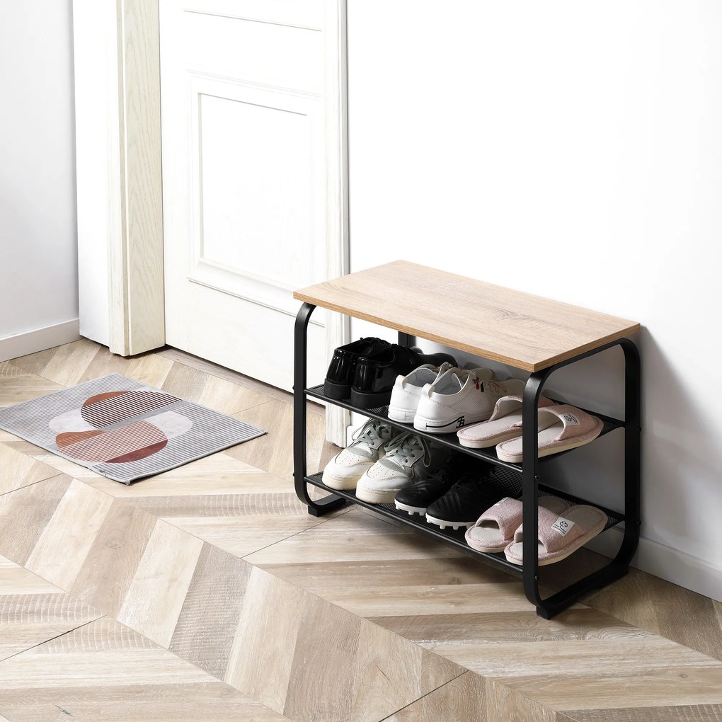 HOMCOM Sapateira Multiúso para 6-9 Pares de Sapatos Móvel com Estrutura Metálica para Entrada Corredor 66x30x47,5cm Carvalho e Preto