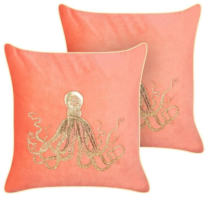 Conjunto de 2 almofadas decorativas com motivo de polvo em veludo vermelho 45 x 45 cm LAMINARIA Beliani