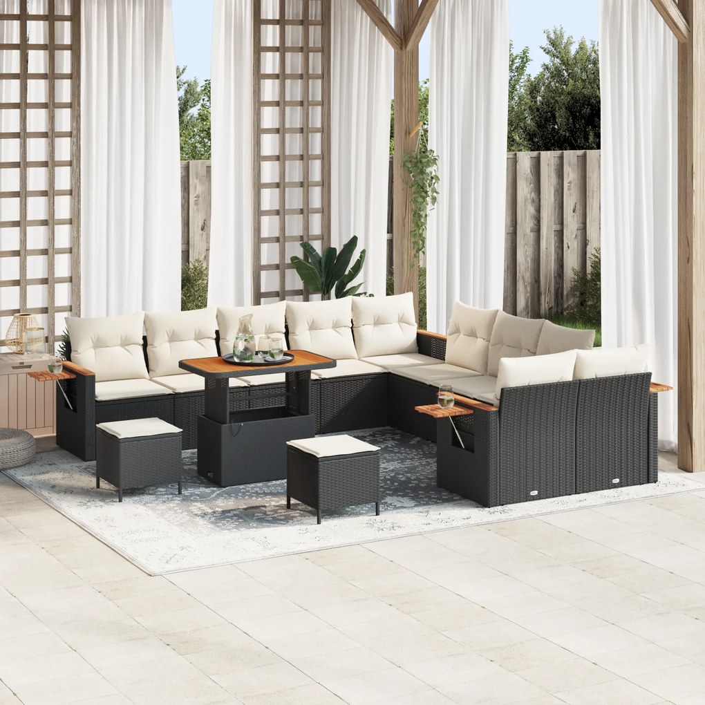 Conjunto de Sofá de Jardim vidaXL de 13 Peças com Almofadas Preto Rattan Poliéster Acácia